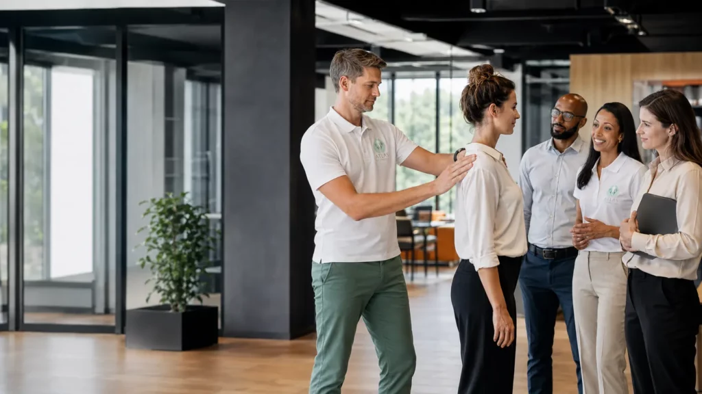 Zakelijk gesprek over fysieke vitaliteit en bedrijfschiropractie op de werkvloer
